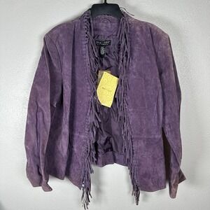 NEW Dialogue Jacket Womens Large Purple Suede Leather Fringe Open Lined Western